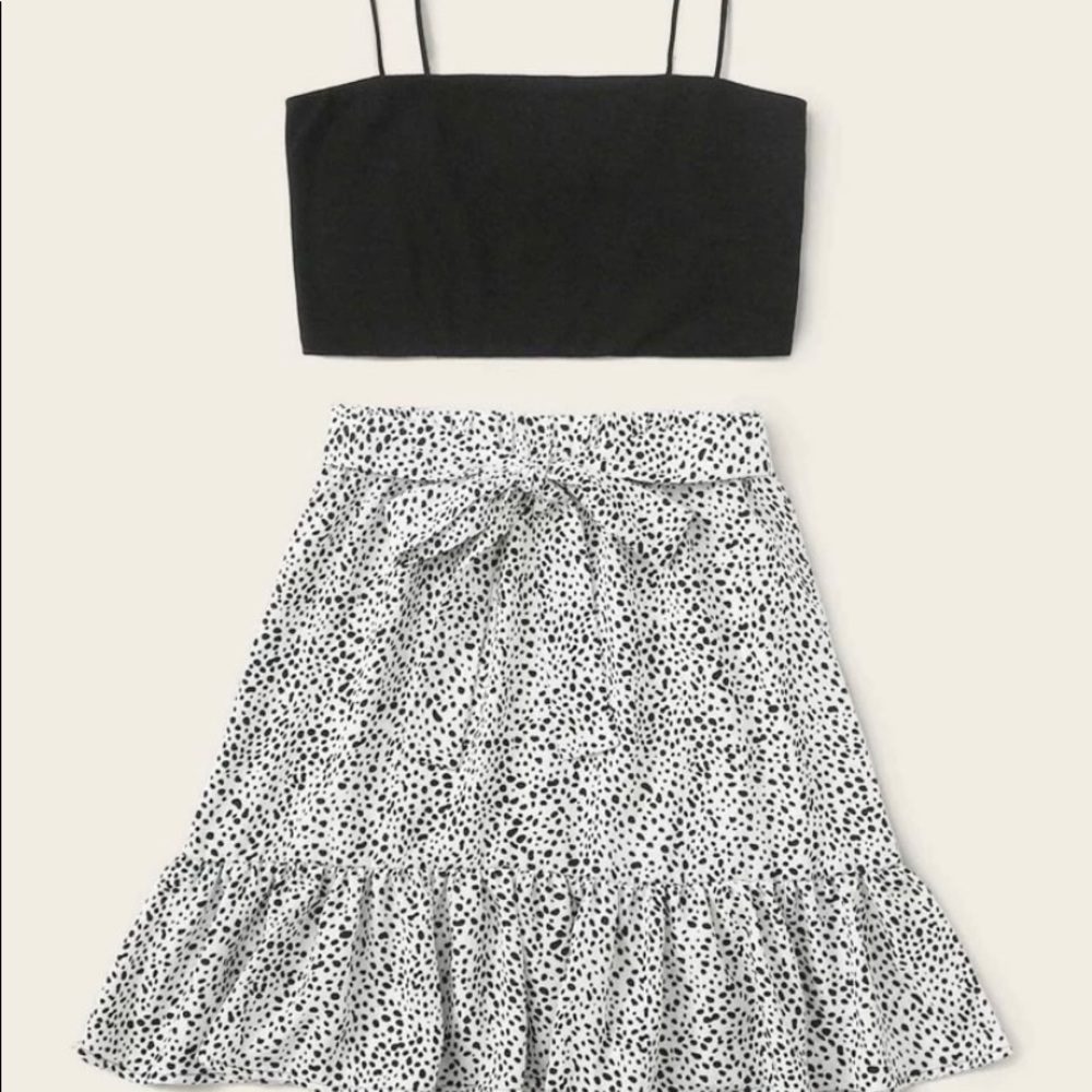 Shein plus crop cami top & Dalmatian print belted ruffle skirt set